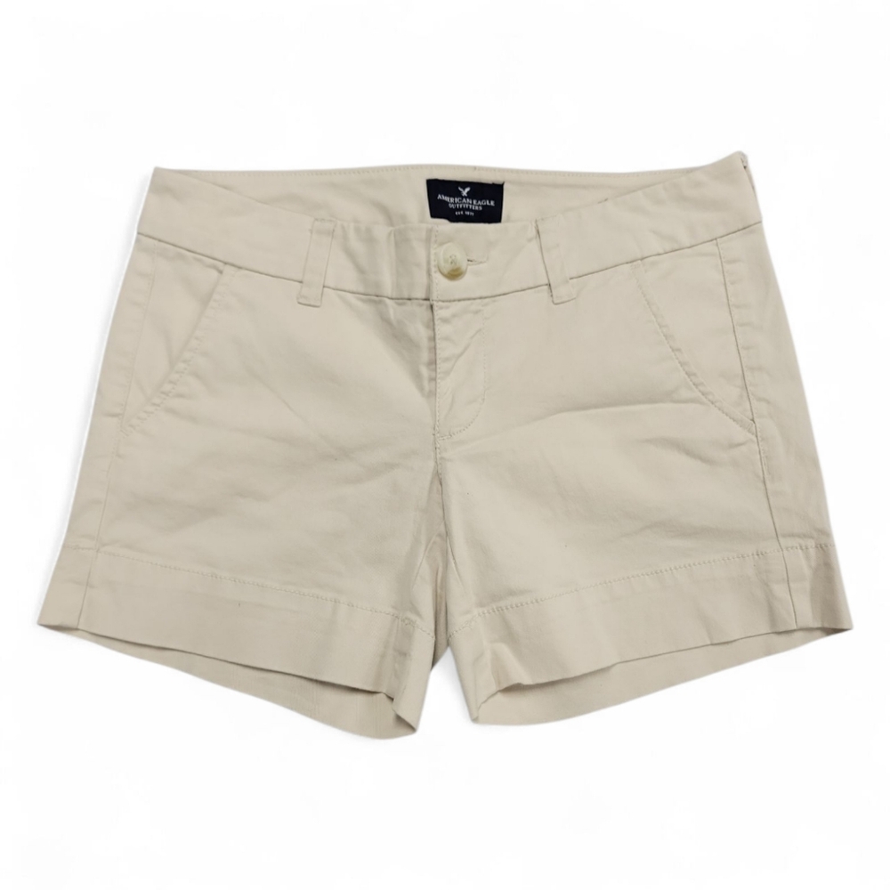 American Eagle Midi Stretch Chino Shorts Flat Front Khaki, Size 0, 97% Cotton